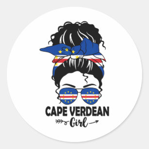 Sticker Rond Messy Bun Cape Verdean Girl Et Cape Verde Drapeau 
