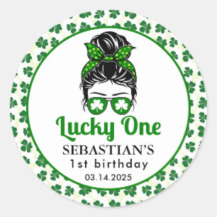 Sticker Rond Messy Bun Lucky One 1st Birthday Girl