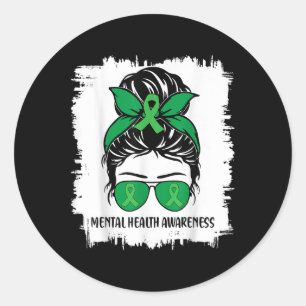 Sticker Rond Messy Bun Mental Health S Awareness Green Ribbon _