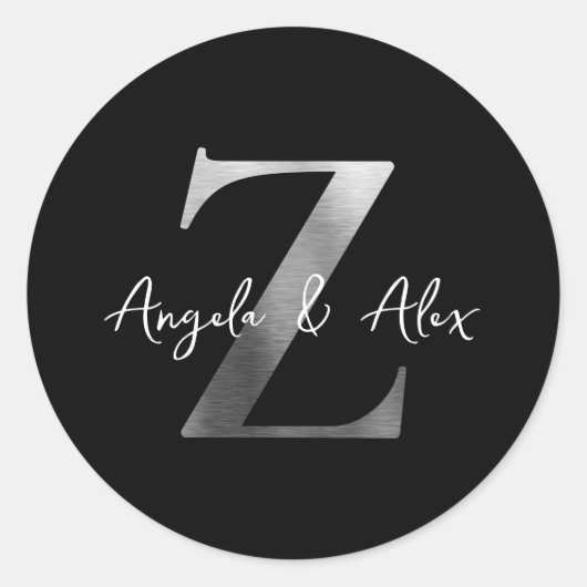 Sticker Rond Métal brossé Argent Noir Mariage Monogramme Z (Devant)