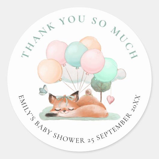 Sticker Rond Mete Merci de Fox couché Turquoise Baby shower en  (Devant)