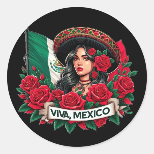 Sticker Rond Mexicaine Fille Viva mexico Illustration du drapea (Devant)