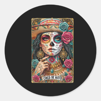 Sticker Rond Mexicaine Sombrero Skeleton Femmes Cinco De May