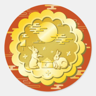 Sticker Rond Mi-automne Festival Gold Mooncake Moon Rabbit