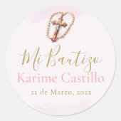 Sticker Rond Mi Bautizo avec crucifix rose (Devant)