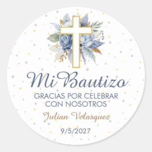 Sticker Rond Mi Bautizo Niño Azul Flores Cruz Croix du baptême