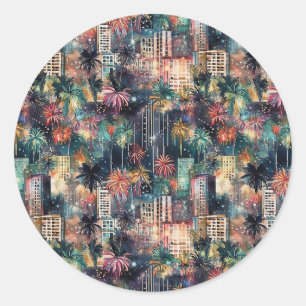 Sticker Rond Miami à Noël & Nouvel An en aquarelles