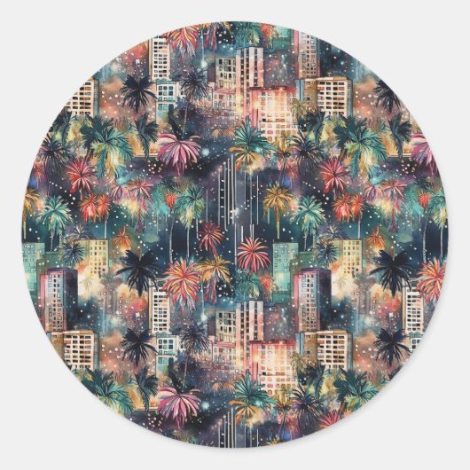 Sticker Rond Miami à Noël & Nouvel An en aquarelles (Devant)