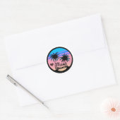 Sticker Rond Miami Beach Bleu et Palmiers roses (Enveloppe)