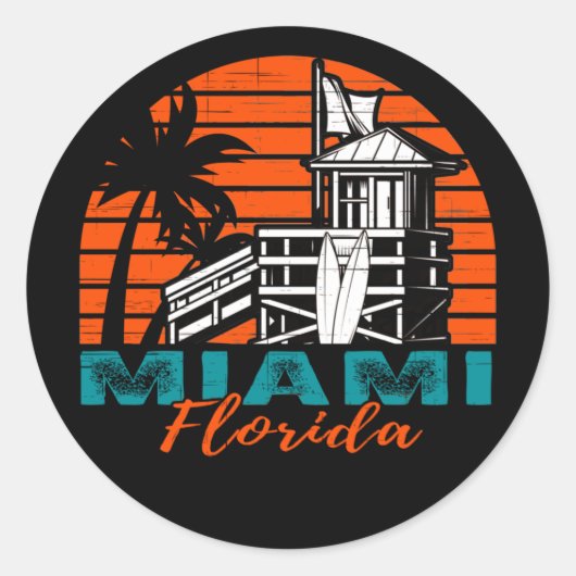 Sticker Rond Miami Florida Life Guard Shack Sunset (Devant)