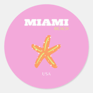 Sticker Rond Miami, Miami Beach, Floride, Preppy, Rose, Orange