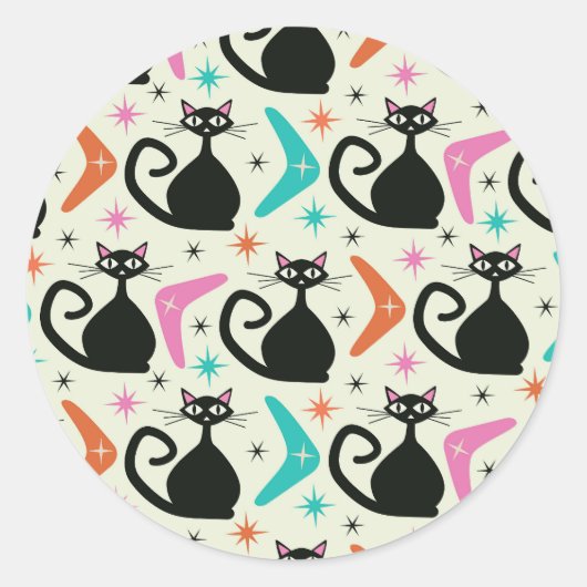 Sticker Rond Mid Century Black Atomic Cats with Boomerangs  (Devant)