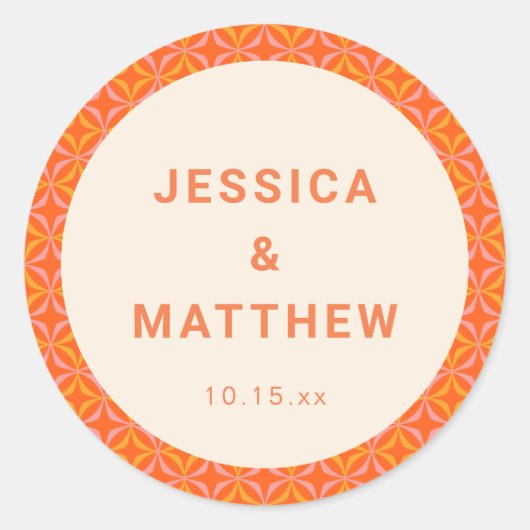 Sticker Rond Mid Century Modern Orange Geometric Custom Wedding (Devant)