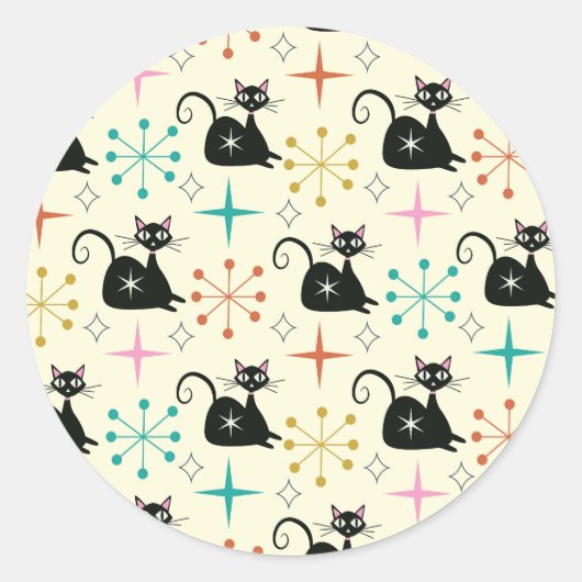 Sticker Rond Mid Century Starbursts with Black Atomic Cat  (Devant)