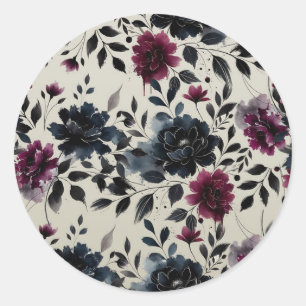 Sticker Rond Midnight Blue Bourgogne Inky Floral Almond Mariage