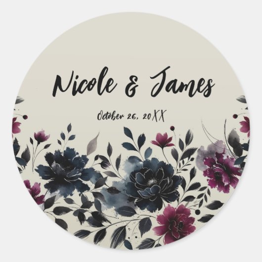 Sticker Rond Midnight Blue Bourgogne Inky Floral Almond Mariage (Devant)