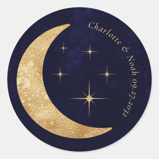 Sticker Rond Midnight Blue Celestial Gold Moon Stars Mariage (Devant)