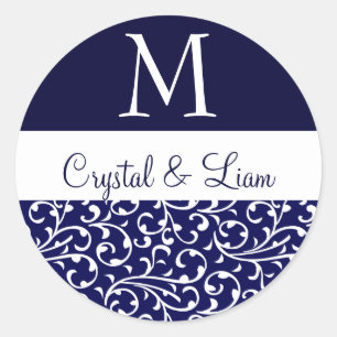 Sticker Rond MIDNIGHT BLUE et WHTE Mariage damassé Monogramme