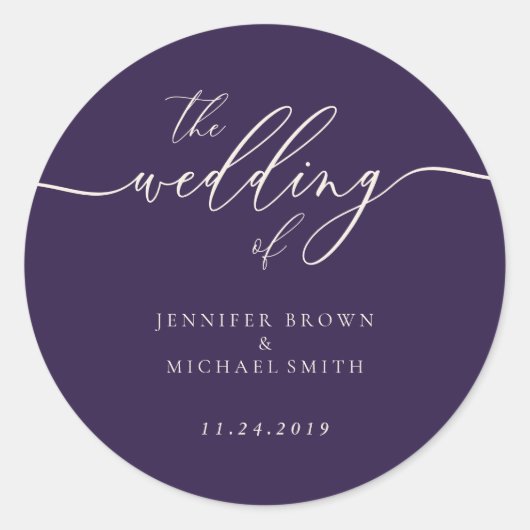Sticker Rond Midnight Purple Le Mariage Élégant Script (Devant)