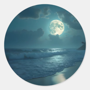 Sticker Rond Midnight Shore – Paysage Marin Clair de Lune Class