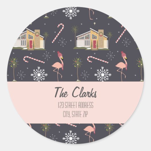 Sticker Rond Midsiècle Christmas House Palm Tree Classe d'adres (Devant)