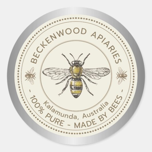 Sticker Rond Miel Abeille Jaune Abeille Frontière Apiary Argent (Devant)