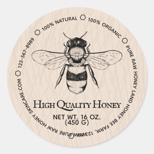 Sticker Rond Miel Beige Jar Boho ivoire apiculture (Devant)