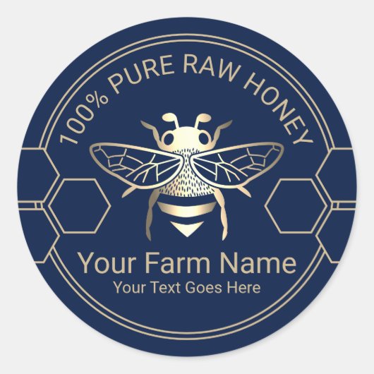Sticker Rond Miel Jar Bee Miel Apiary Beekeeper Marine & Gold (Devant)