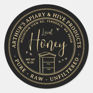 Sticker Rond Miel local avec ruche et abeilles Pure Raw Non fil