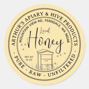 Sticker Rond Miel local avec ruche et abeilles Pure Raw Non fil