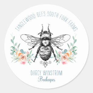 Sticker Rond Miel tiré à la main Abeille apiculteur Apiary flor