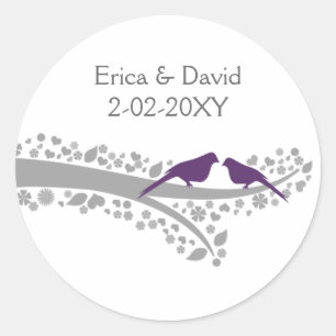 Sticker Rond mignon arbre violet lovebirds mariage faveurs auto