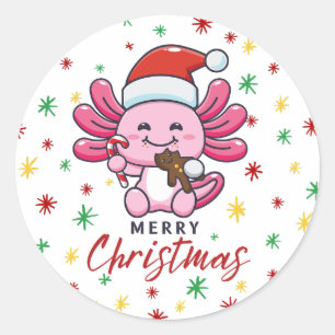 Sticker Rond Mignon Axolotl avec Santa Hat Kawaii Style