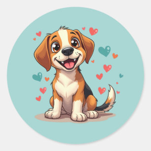 Sticker Rond Mignon Beagle Kawaii avec des cœurs Chien joueur