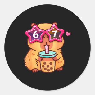 Sticker Rond Mignon capybara amateur de bubble tea 6 7 mème kaw