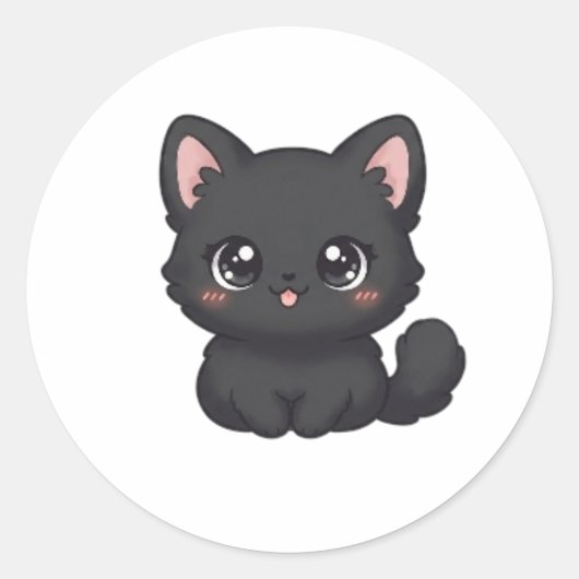 Sticker Rond Mignon Chat Noir Chibi Kawaii Langue (Devant)
