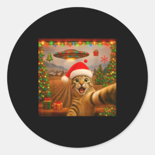 Sticker Rond Mignon Chat Selfie Avec Alien Ufo Lumières De Noël