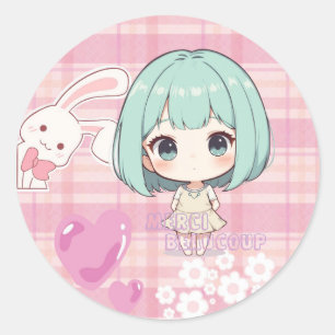 Sticker Rond Mignon Chibi Cheveux Verts