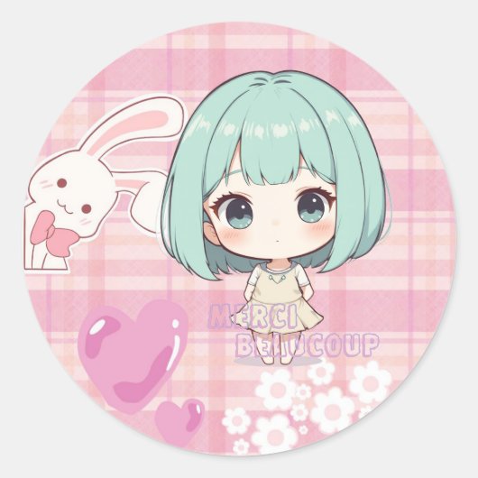 Sticker Rond Mignon Chibi Cheveux Verts (Devant)