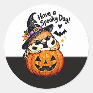 Sticker Rond Mignon Chibi Moineau Oiseau Halloween Citrouille
