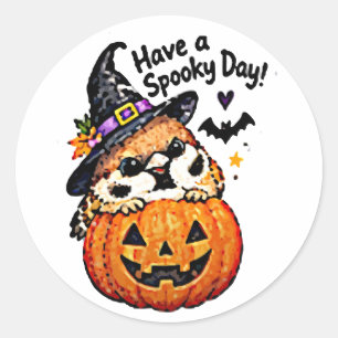 Sticker Rond Mignon Chibi Moineau Oiseau Halloween Citrouille