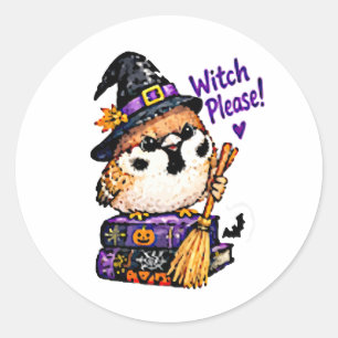Sticker Rond Mignon Chibi Moineau Oiseau Sorcière Halloween S'i
