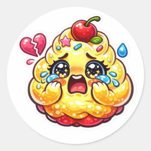Sticker Rond Mignon Cupcake Kawaii Triste qui Pleure avec un Au