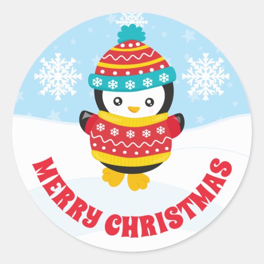 Sticker Rond Mignon Enfant Pull de Noël Rouge Pingouin (Devant)