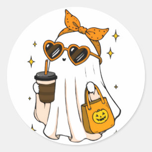Sticker Rond Mignon Fantôme de la Saison Effrayante avec Café G