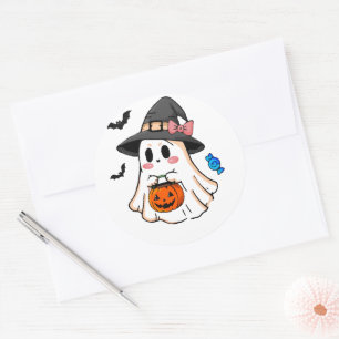 Sticker Rond Mignon fantôme Kawaii Halloween dans un chapeau de