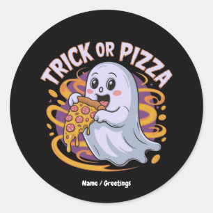 Sticker Rond Mignon Fantôme Mangeant de la Pizza Amusant Effray