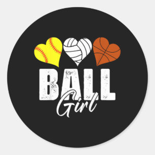 Sticker Rond Mignon Fille de Softball Volleyball Baseball Cœur