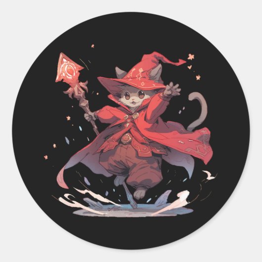 Sticker Rond Mignon Héros Chat Mage Rouge (Devant)