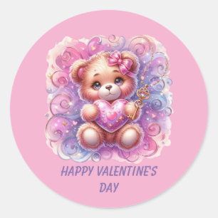 Sticker Rond Mignon Joyeuse Saint-Valentin ours en peluche